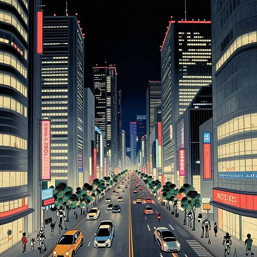 Digital illustration of a vibrant, neon-lit urban night scene with tall buildings, busy street, cars, pedestrians, and bright signs in red, blue