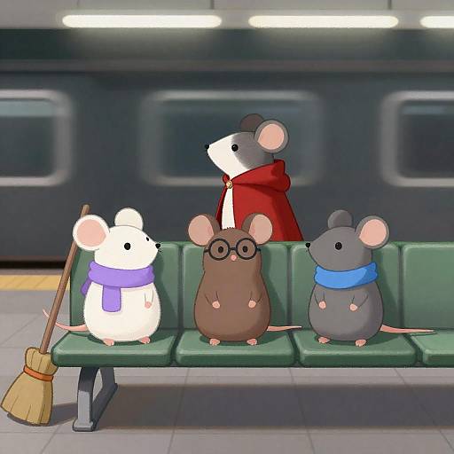 Subway Bench: Four Mice in Pastels