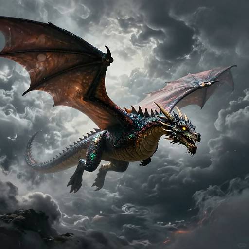 Digital fantasy art of a fierce, dark blue dragon with glowing yellow eyes, sharp spikes, and large red wings soaring through a stormy, cloud-filled