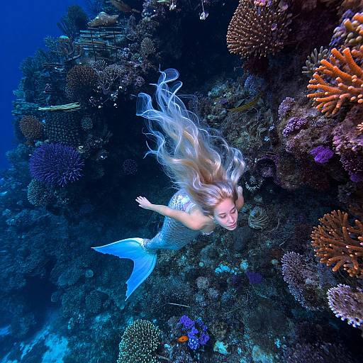 Photograph of a mermaid with long, flowing silver hair and blue tail, swimming amidst vibrant, colorful coral reefs in dark blue underwater depths.
