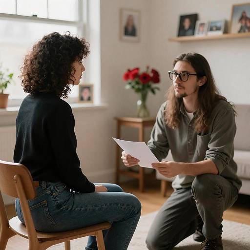 Photograph: Curly-Haired Woman and Kneeling Man