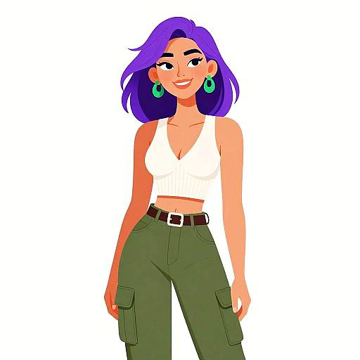 Digital illustration of a smiling woman with purple hair, wearing a white crop top, green cargo pants, and turquoise earrings.