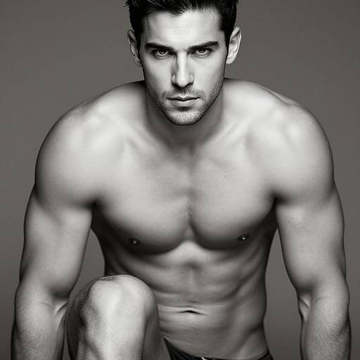 Black-and-white photograph of a muscular, shirtless man with short dark hair, intense gaze, and defined abs, kneeling against a gray background.