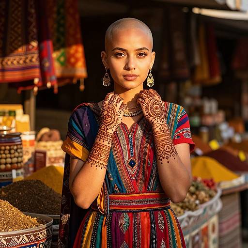 Photograph of a bald Indian woman in traditional, colorful embroidered dress with intricate henna designs, standing in a vibrant market stall.