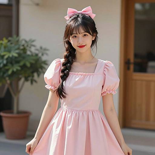 Young Asian Woman in Pink Cosplay Dress