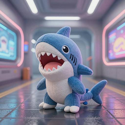Chibi Shark-Lizard Plush in Futuristic Subway