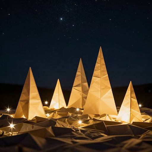 Photograph of five glowing, yellow-lit, paper pyramids arranged on a dark, starlit surface, with small twinkling lights around the bases