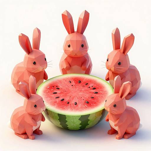 Digital artwork of five pink, geometric, rabbit-like figures surrounding a halved watermelon with red interior and black seeds. White background.