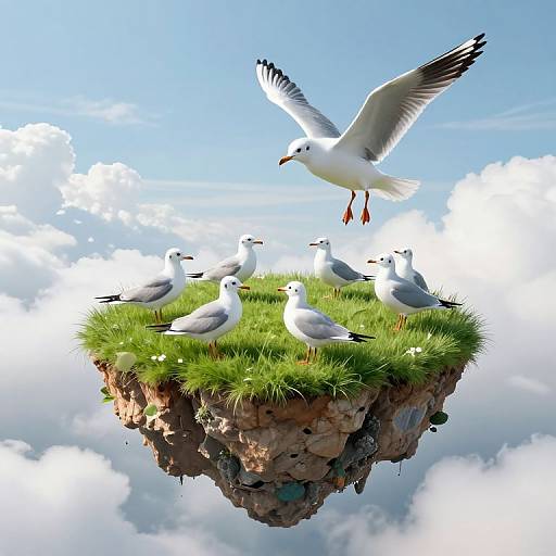 Digital art of seagulls on a floating grassy island in a bright blue sky with fluffy white clouds. One seagull flies overhead. Real
