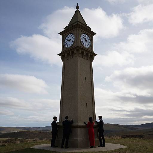 Photograph of a tall, stone clock tower with white clock faces, surrounded by five people in dark and red clothing, against a cloudy sky and rolling