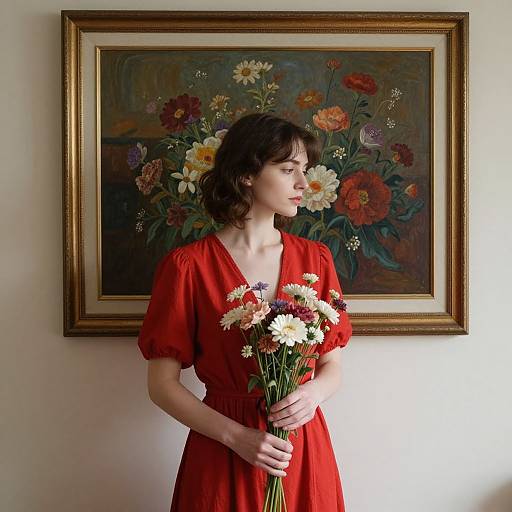 Photograph of a fair-skinned woman with short brown hair in a red dress, holding a bouquet of colorful daisies, standing in front of