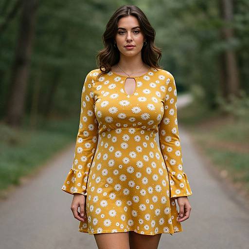 Photograph of a young woman with wavy brown hair, wearing a yellow dress with white daisy patterns, standing on a forest path.