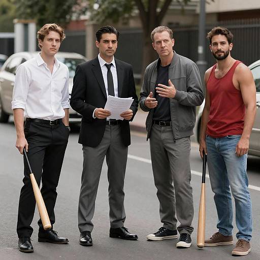 Photograph of four men on a street: one in a white shirt holding a bat, one in a black suit with a tie, one in a