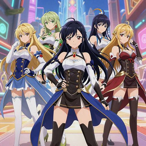 Digital anime artwork of five female characters in futuristic, fantasy-inspired outfits standing in a vibrant, neon-lit cityscape. Center character with black hair and
