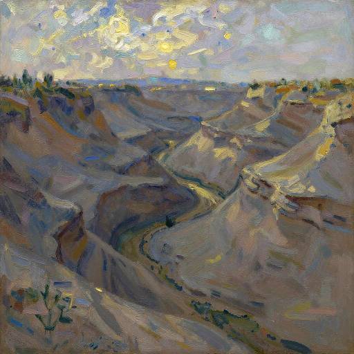 Impressionist oil painting of a rugged, sunlit canyon with swirling shadows, vibrant blues, yellows, and browns, under a cloudy sky