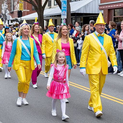 Photograph of a colorful parade featuring adults and children in bright yellow suits, pink dresses, and hats, smiling and walking on a city street with spectators