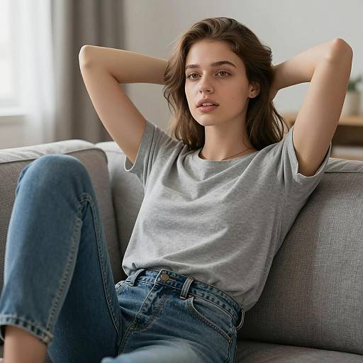 Relaxed Young Woman Sitting on Couch