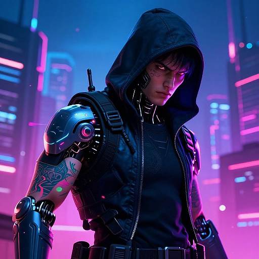 Neon-lit cyberpunk cityscape: cybernetic-armed hooded woman with tattooed arm, black hoodie, and glowing pink and blue