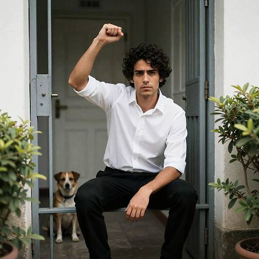 Determined Man in Dimly Lit Hallway