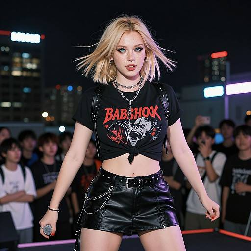 Blonde woman with blue eyes, black Babymetal shirt, leather shorts, and chains walks confidently on a city night runway. Photograph.