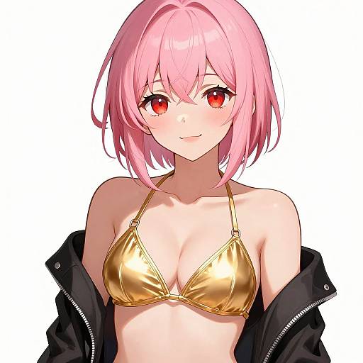Anime-style digital illustration of a pink-haired girl with red eyes, wearing a gold metallic bikini and black jacket, smiling softly.