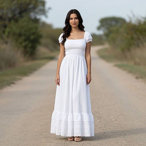 Photograph of a young woman with long black hair, wearing a white, lace-trimmed, ankle-length dress, standing on a dirt road with