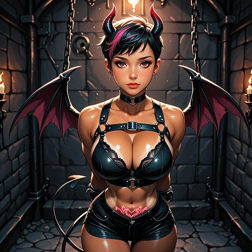 Digital artwork of a sexy, dark-haired demon woman with red horns, bat wings, and black leather bondage outfit in a dimly lit stone dungeon.