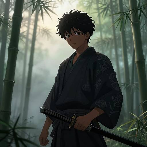 Digital anime-style drawing of a handsome young man with messy black hair, wearing a dark patterned kimono, holding a sheathed katana in a