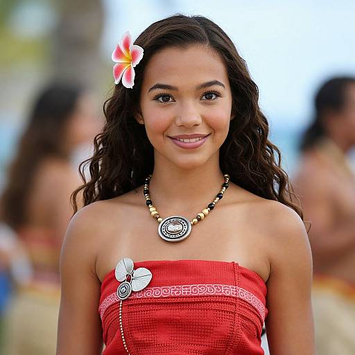 Photograph of a young woman with long, wavy dark hair, wearing a red strapless dress, black and gold necklace, and a white flower