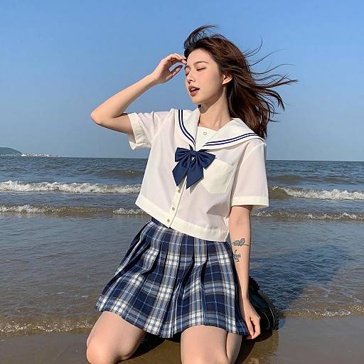 Serene Asian Woman by the Ocean