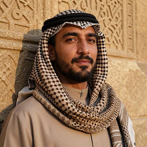 Photograph of a Middle Eastern man with dark beard, wearing a black and white checkered kufi and beige thobe, standing against an orn