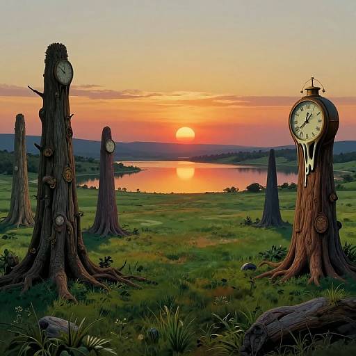 Digital art of surreal sunset landscape with clock-stumps standing in grassy field, one clock dripping, sun setting over reflective lake.