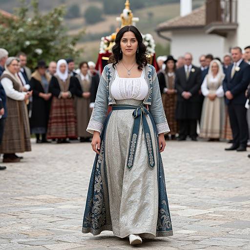 Photograph of a young woman with dark hair, wearing a white blouse and silver-patterned blue dress, walking in a cobblestone village, surrounded