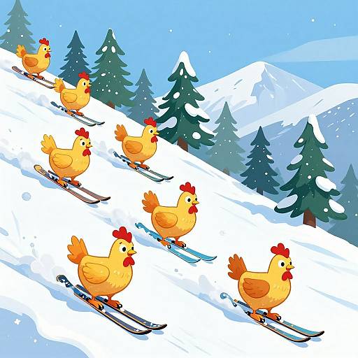 Cartoon chickens skiing down a snowy mountain slope, with evergreen trees and snow-covered peaks in the background under a blue sky.
