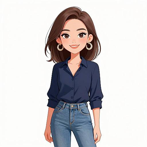Digital anime-style illustration of a smiling young woman with brown hair, wearing a navy blouse and blue jeans, large hoop earrings, and standing against a white