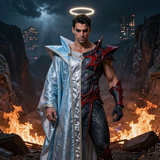 Photograph of a muscular man with dark hair, halo, silver and black armored outfit, standing in front of a fiery, rocky landscape.