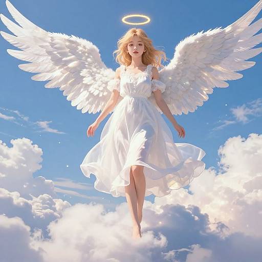 Digital artwork of a blonde angel with white wings and halo, wearing a flowing white dress, floating amidst blue sky and fluffy clouds.