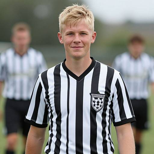 Photograph of a young, blonde, white male soccer player with short hair, wearing a black and white striped jersey, standing on a grassy field