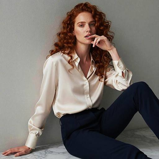 Photograph of a red-haired woman with curly hair, wearing a white satin blouse and navy pants, sitting against a gray wall. She has one hand