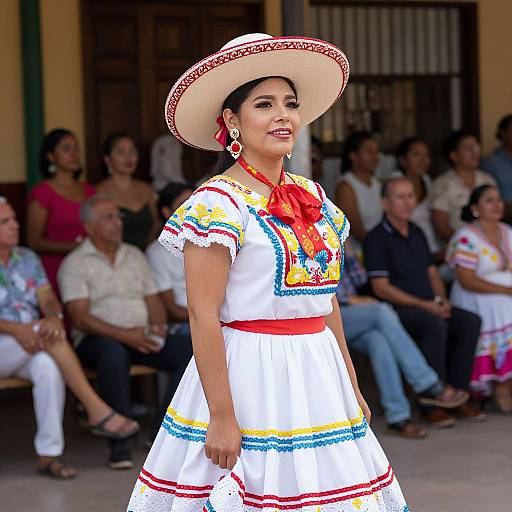 Photograph of a smiling Latina woman in a colorful Mexican dress and wide-brimmed hat, standing in front of an audience.