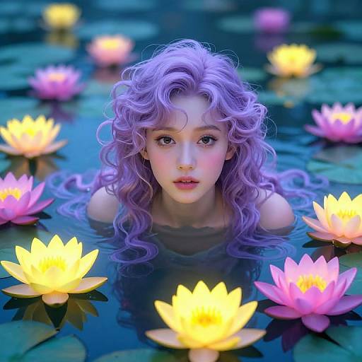 Digital art of a young woman with curly lavender hair, wide eyes, and pink lips, floating in a serene blue pond surrounded by glowing yellow and pink