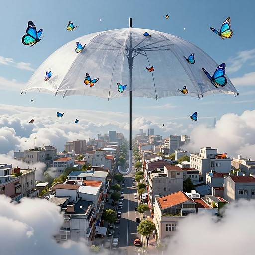 Photograph-style digital art: Transparent umbrella with floating blue butterflies over a sunny, cloud-covered cityscape of red-roofed buildings.