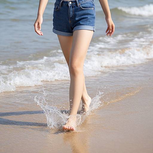 Photograph of a woman's legs in blue denim shorts, barefoot, splashing through shallow ocean waves on a sandy beach.