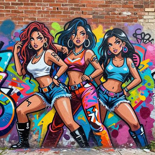 Vibrant graffiti mural of three confident women with different hair colors, wearing crop tops and denim shorts, standing in front of a brick wall. Bold