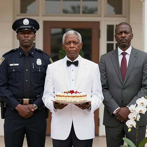Three Men with Police Officer and Cake