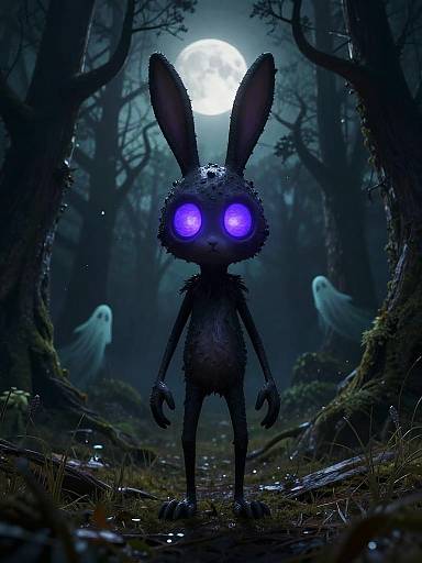 Digital artwork of a glowing purple-eyed, dark silhouette rabbit standing in a misty, moonlit forest with two ghostly figures in the background.