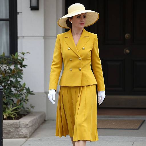 Elegant Woman in Mustard Yellow Walking Suit
