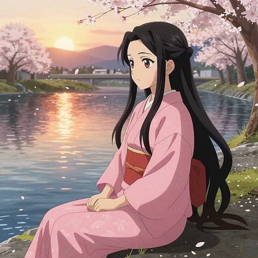 Anime-style drawing of a long-haired girl in a pink kimono, sitting by a serene river at sunset, cherry blossoms in the background.