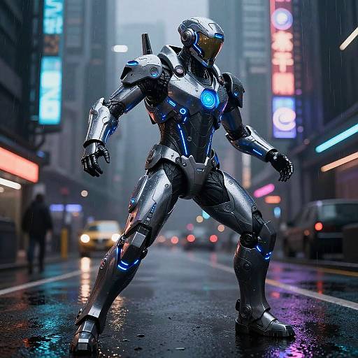 Cyberpunk Soldier in Neon Power Suit
