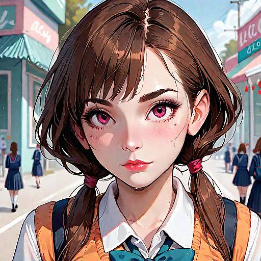 Anime School Girl with Brown Hair and Pink Eyes